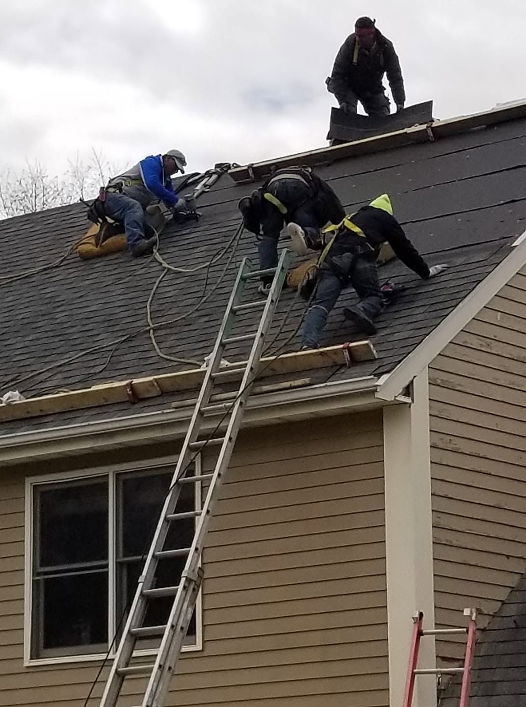 Workers on a house roof installing shingles, with ladders leaning against the eave.