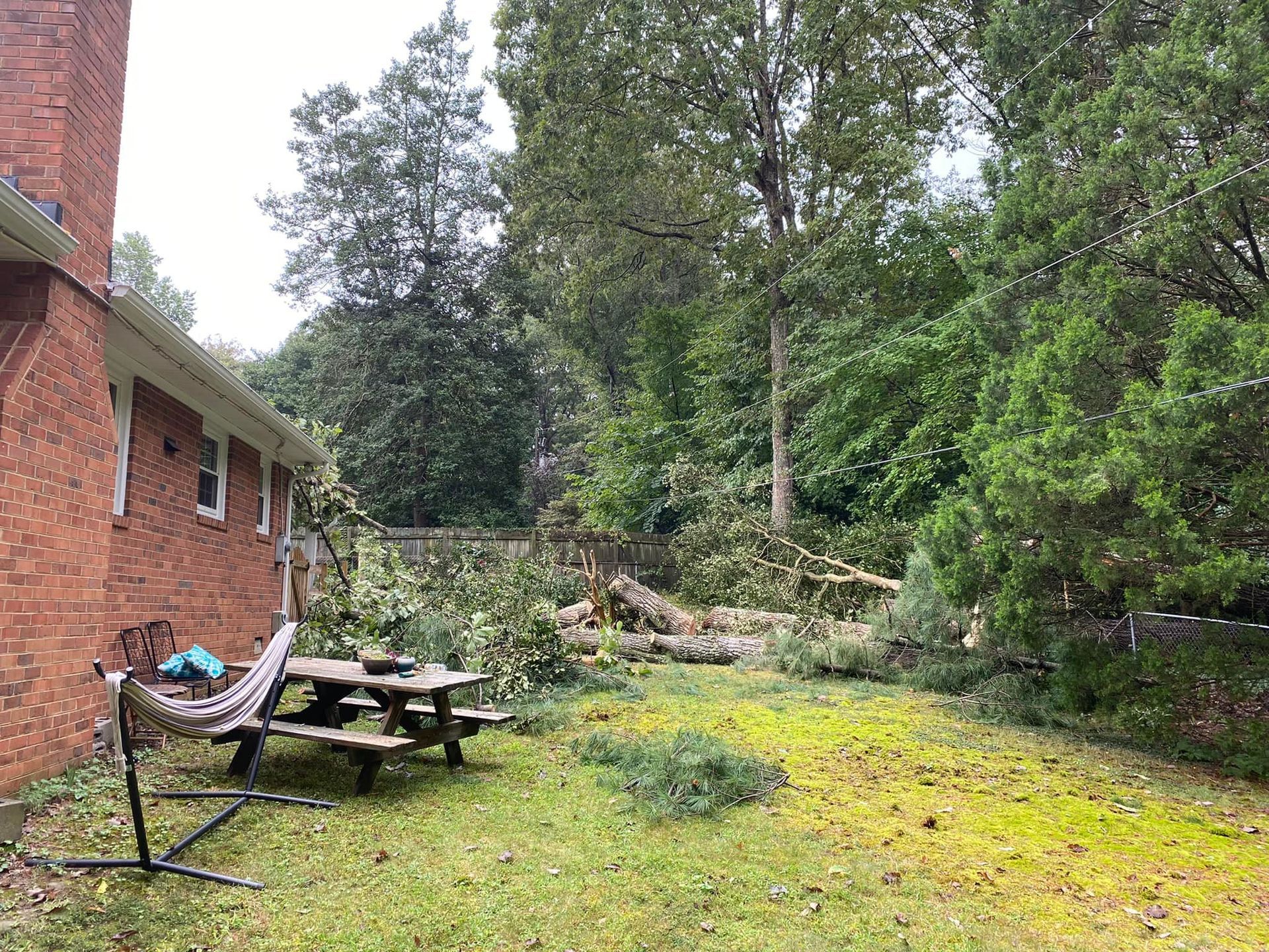 A brick house with a picnic table and hammock in the backyard.