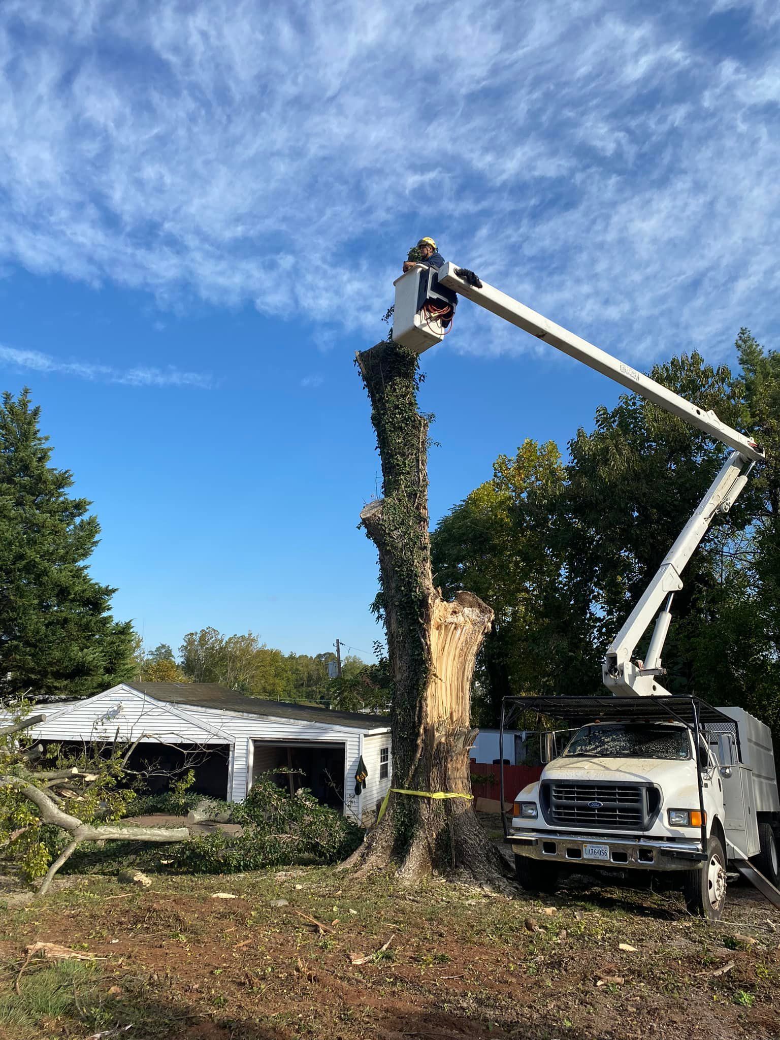 A man is cutting down a tree with a crane in front of a house.