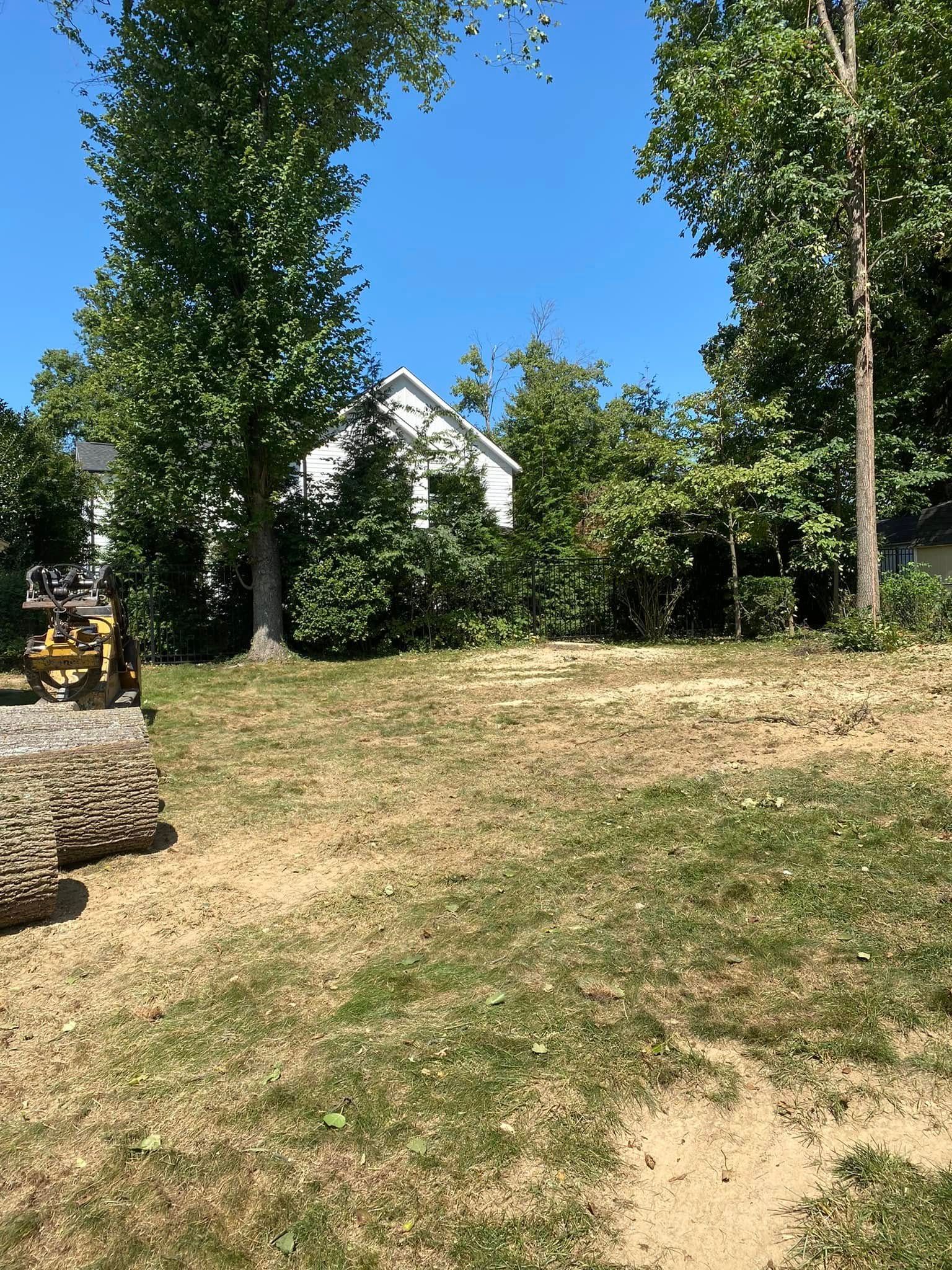 A large lawn with a house in the background and trees in the foreground.