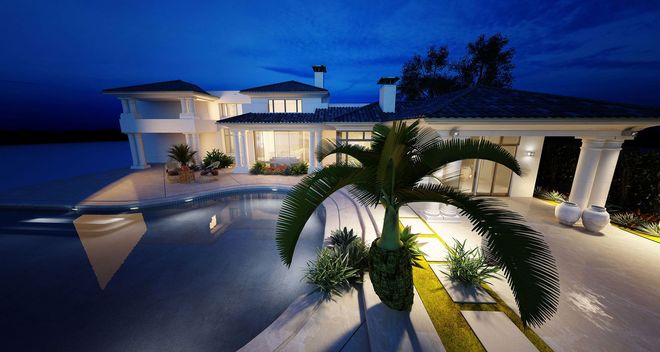 Luxurious modern villa at dusk with a lit driveway, pool reflections, and palm trees