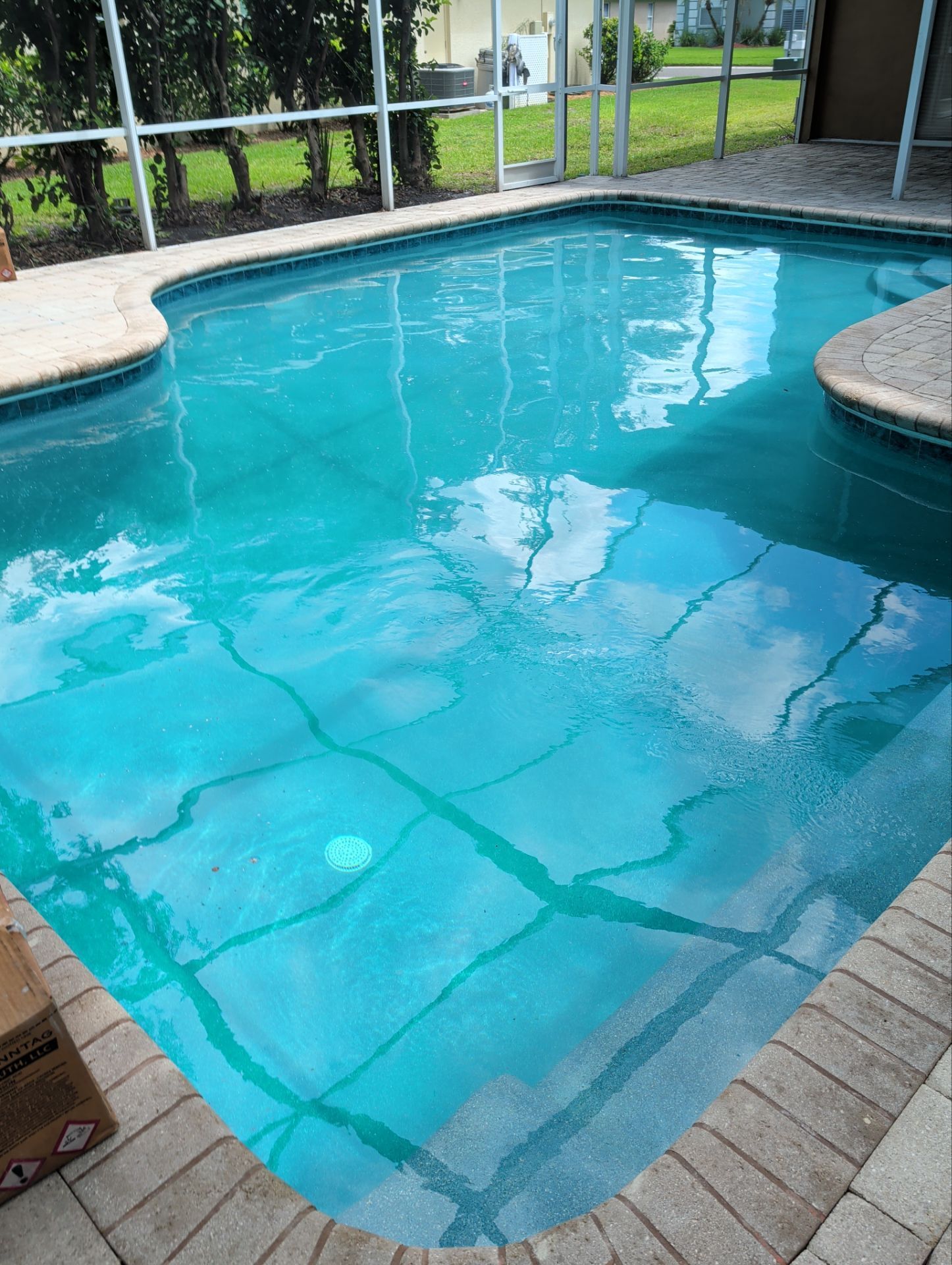 Backyard swimming pool with clear turquoise water and a screened enclosure.