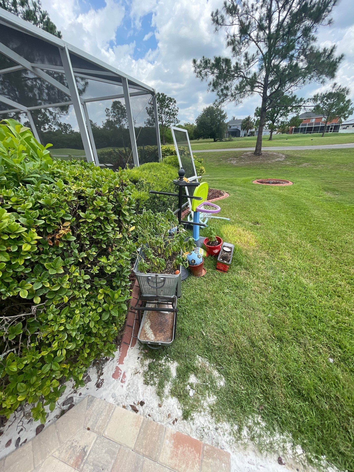 Overturned grill by hedge on grassy lawn, with tools and paint cans nearby beside a screened patio.