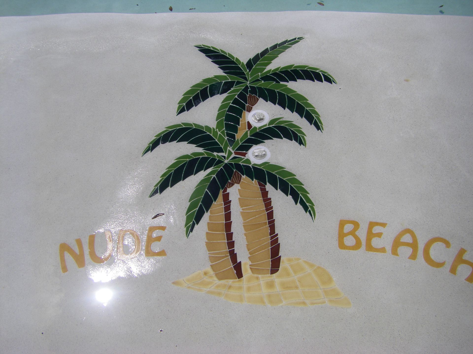 Palm tree drawing with “NUDE BEACH” text on a light background