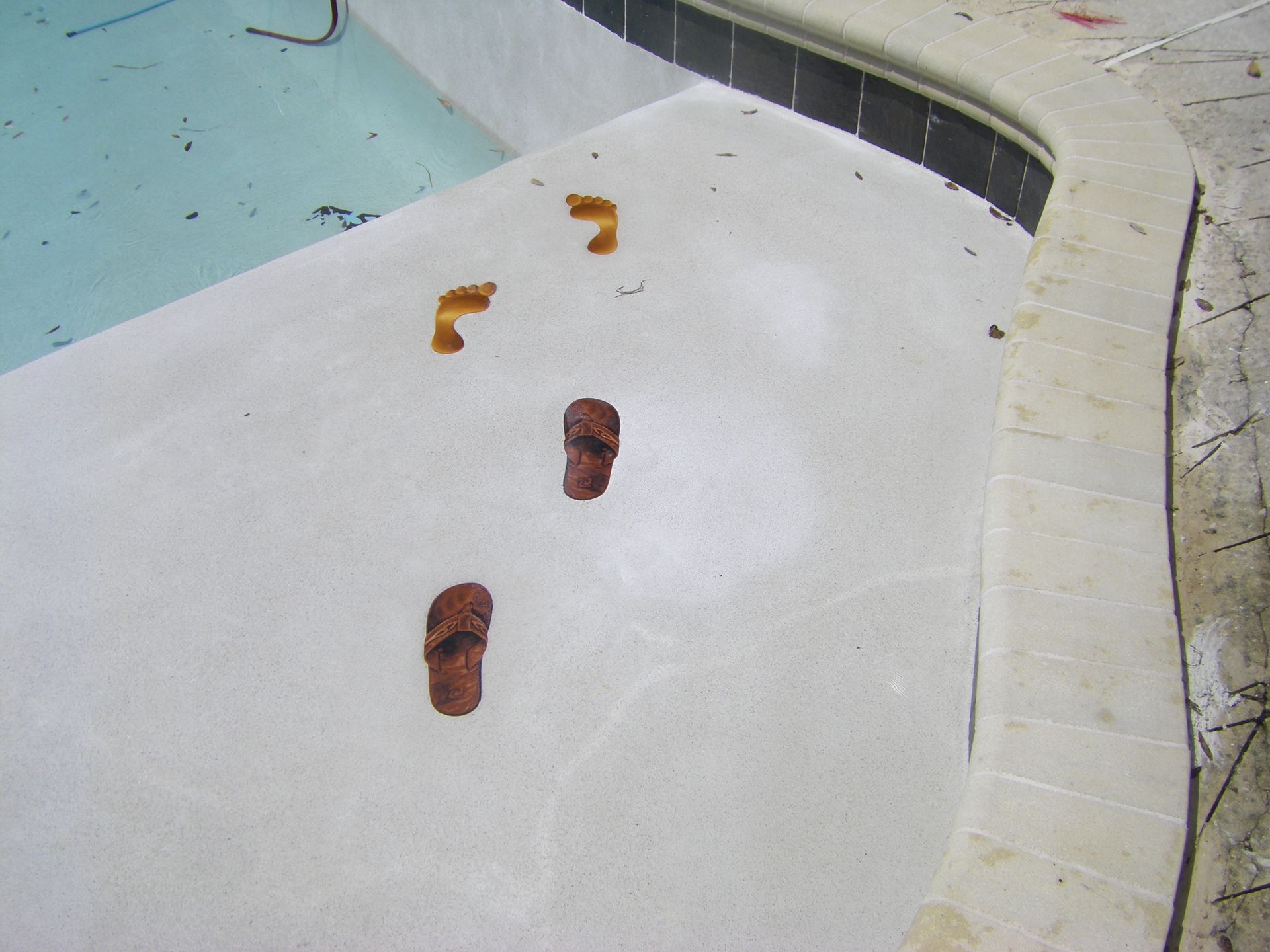Two brown footprints and two orange paw prints on a light concrete pool deck near water