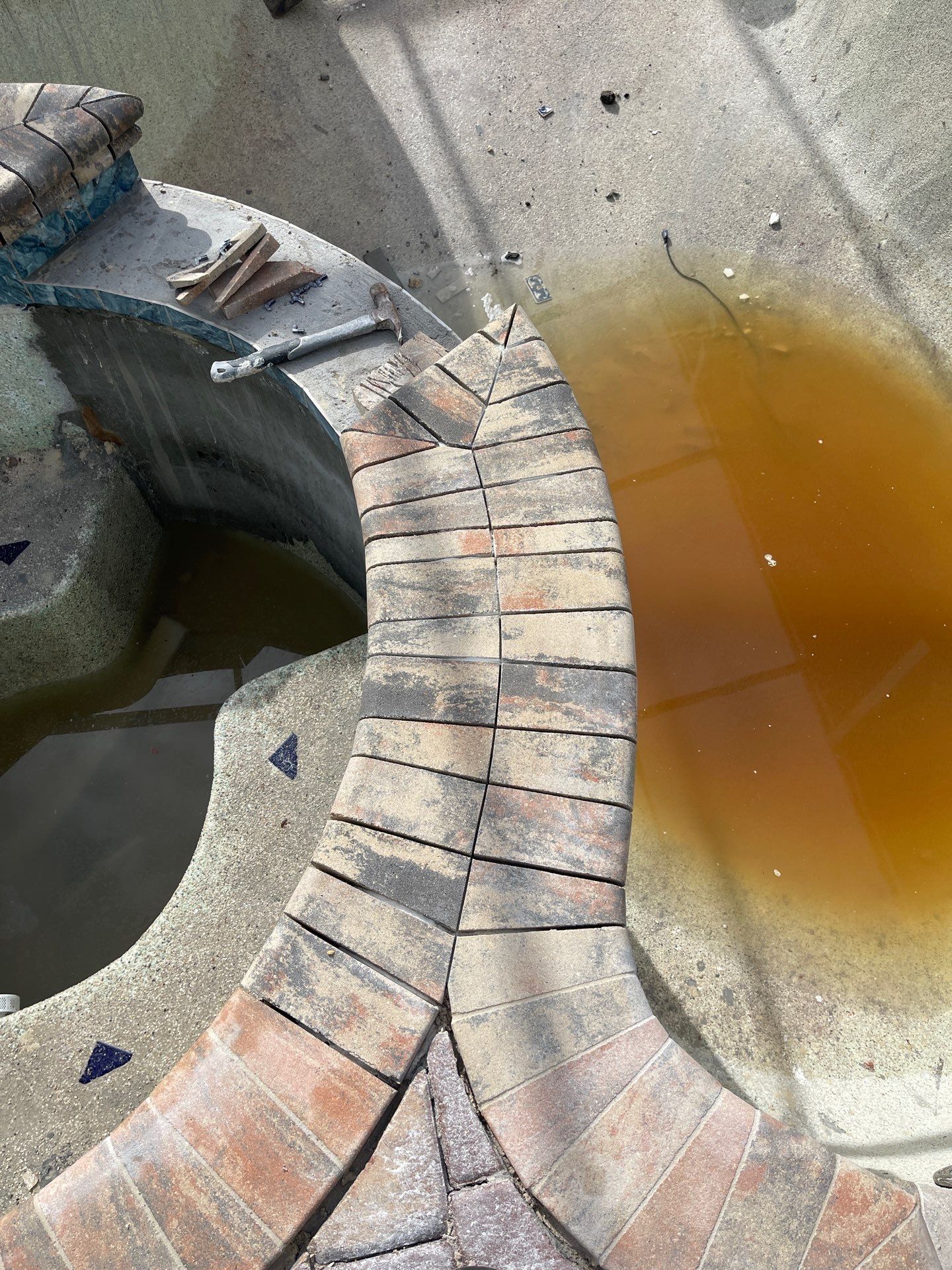 Curved brick edging around a shallow concrete water basin with orange-brown standing water and debris.