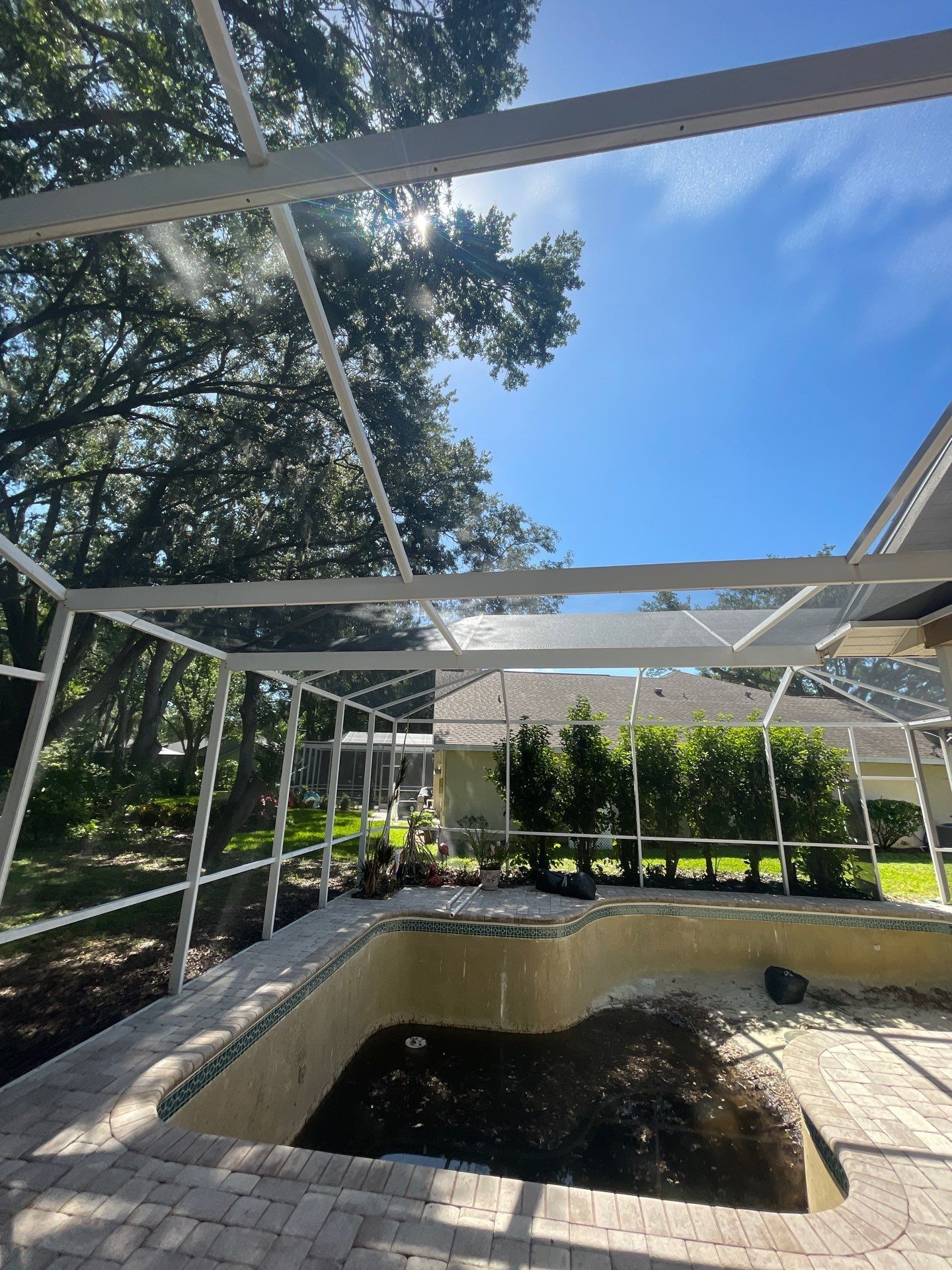Backyard patio with white pergola frame, rectangular pond, and trees under a bright blue sky.