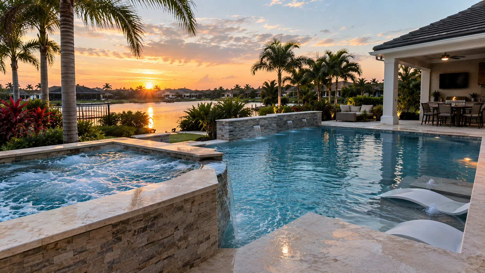 Backyard swimming pool with blue water, metal ladder, umbrella, and white lounge chair