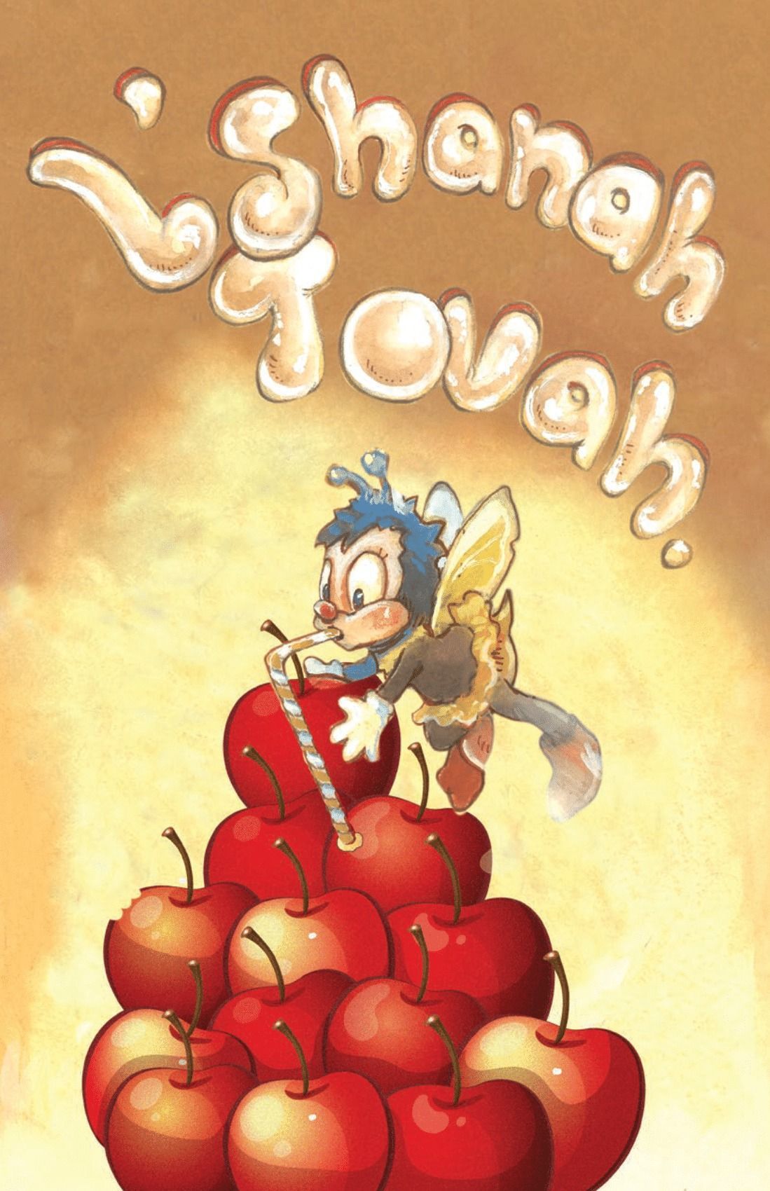 A cartoon bee is sitting on top of a pile of apples