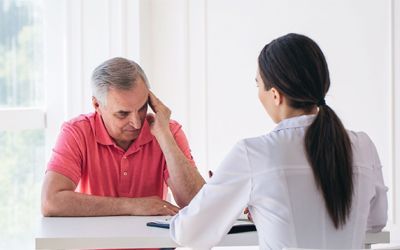A man is sitting at a table talking to a doctor.