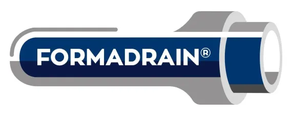 Logo for Formadrain: white text on a blue rectangle encased in a gray pipe-shaped design.