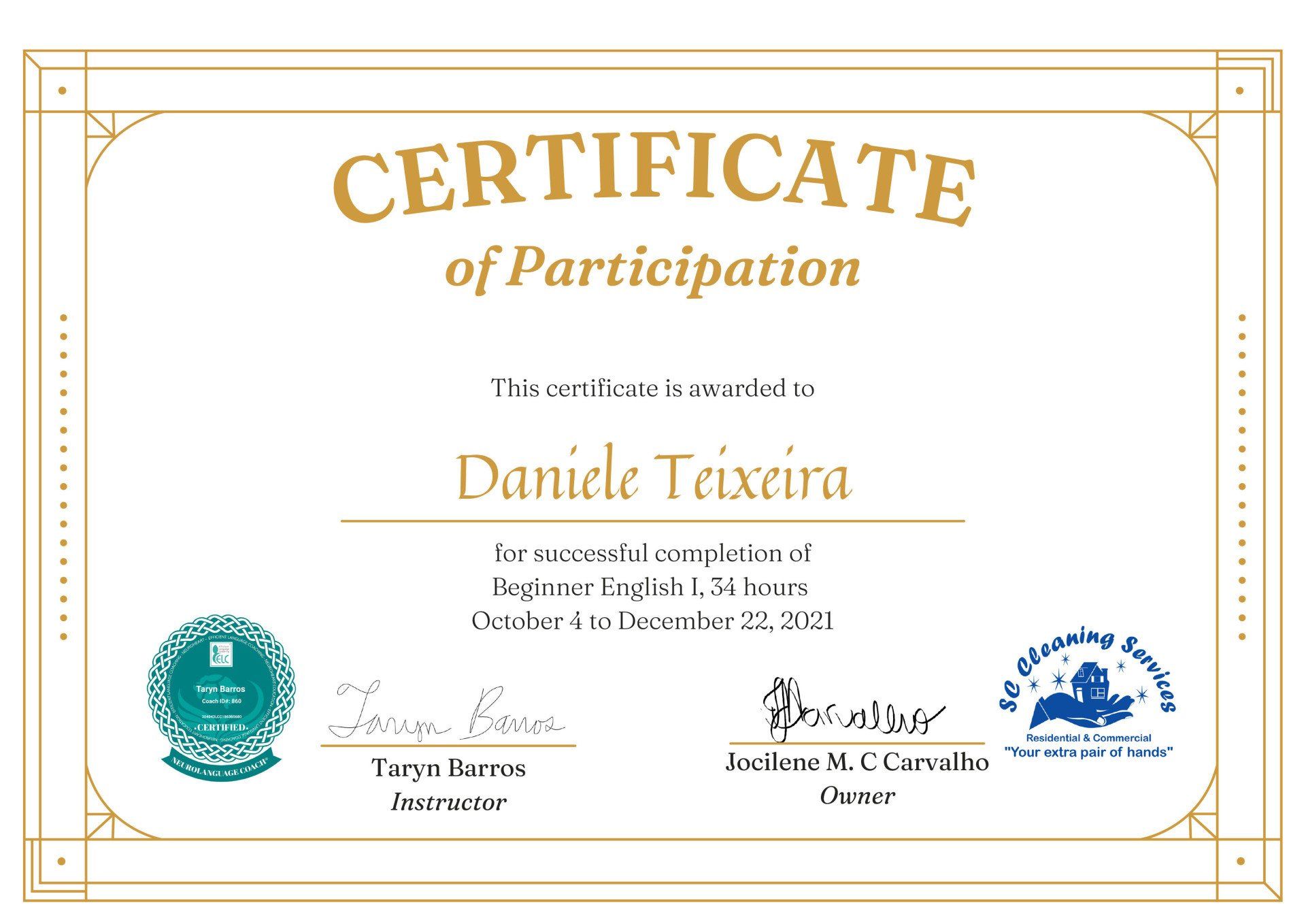 Certificate of Participation for Daniele Teixeira, completed English Live Program, October to December 2021.