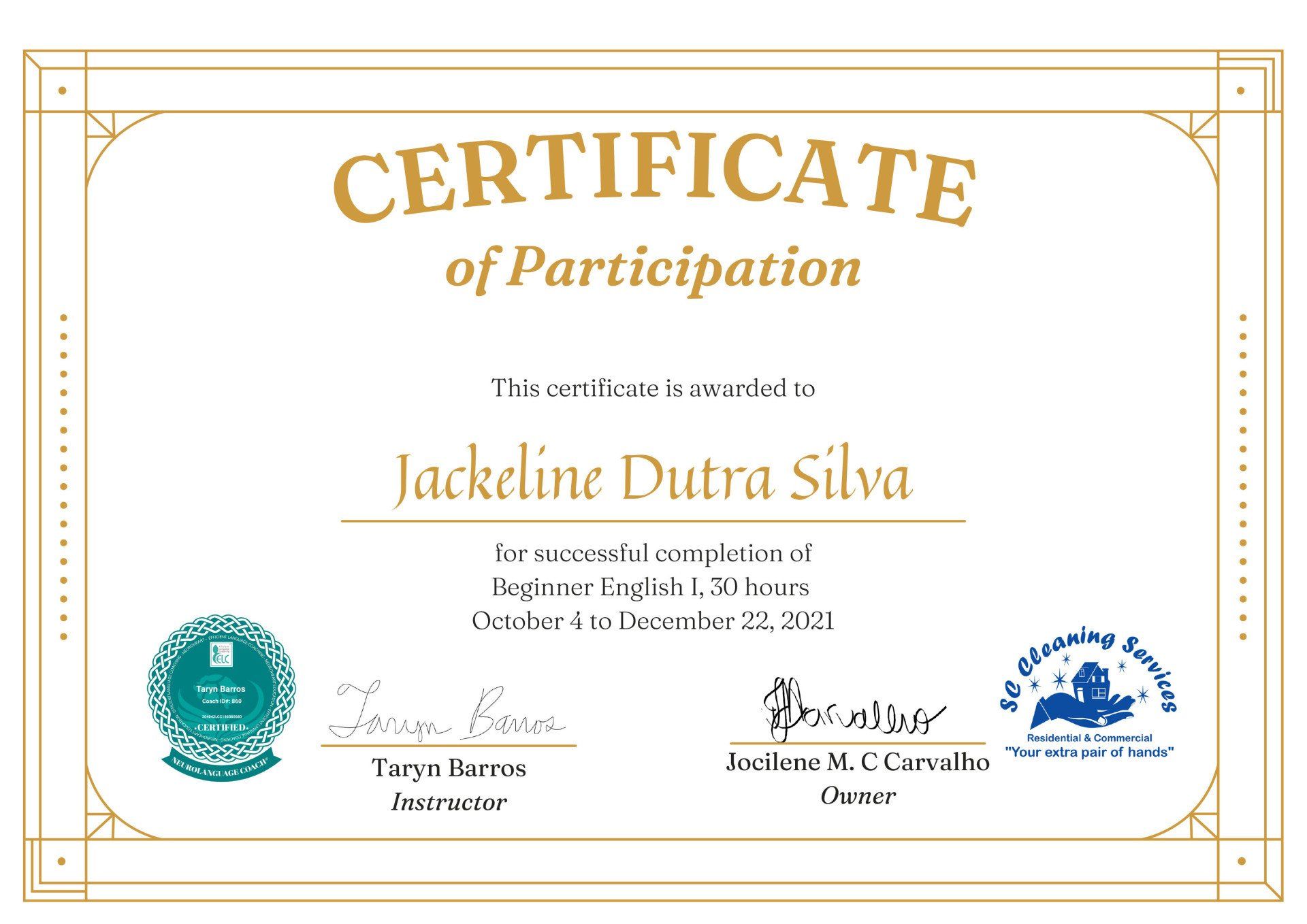 Certificate of Participation for Jackeline Dutra Silva, Beginner English completed October-December 2021.