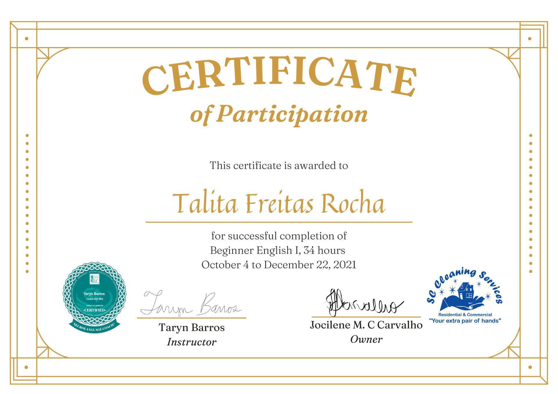 Certificate of Participation awarded to Talita Freitas Rocha for completing English LVT course.