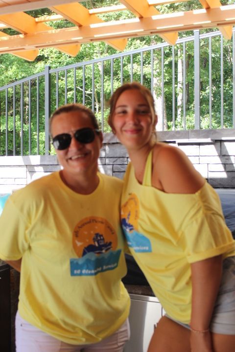 Two women in yellow shirts smile outdoors. One wears sunglasses. They stand near a pool under a wooden structure.