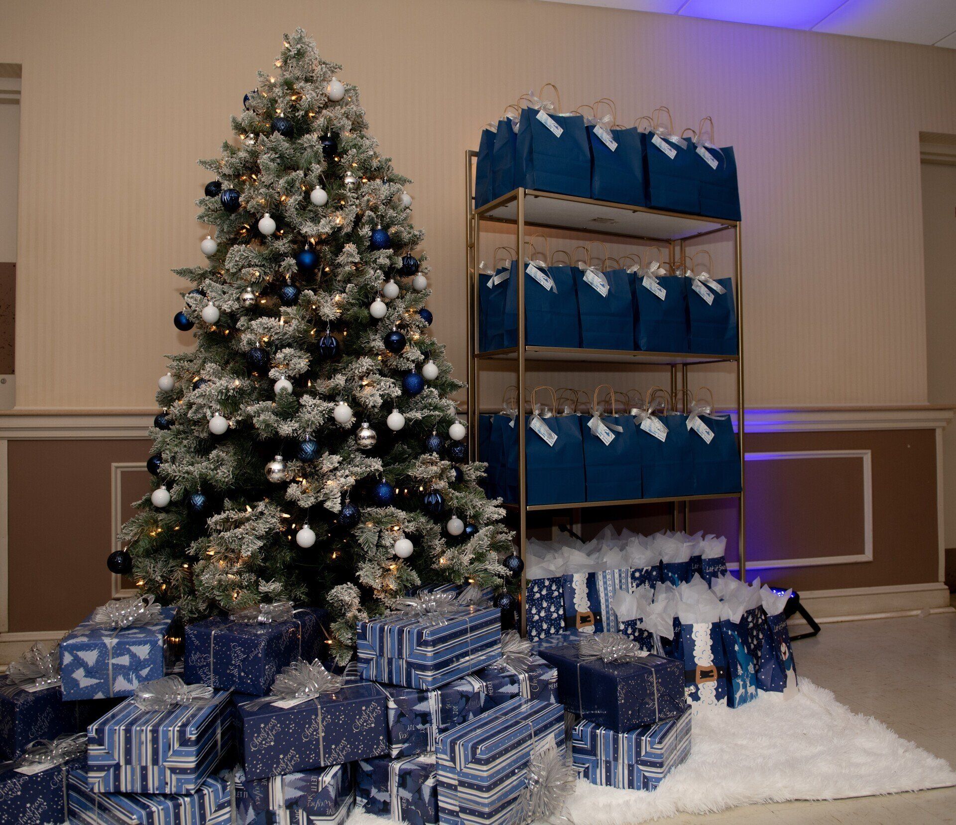 Christmas tree with gifts beneath, and a display of blue gift bags on a shelf.