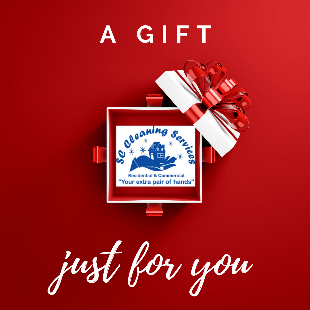 Gift box with a red bow, revealing a cleaning services logo against a red background.