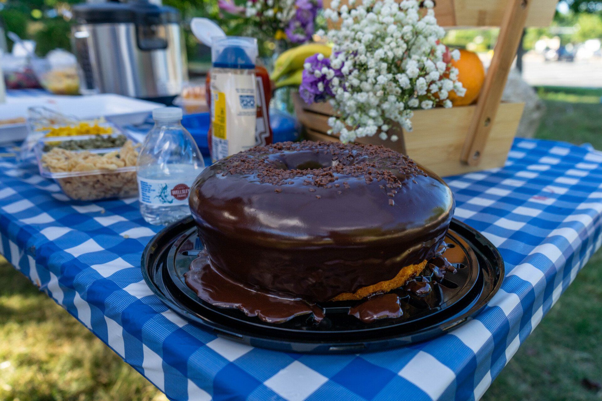 Chocolate cake on a black plate sits on a blue and white checkered picnic table.