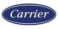 The Carrier brand logo featuring the white, cursive company name centered inside a dark blue horizontal oval.