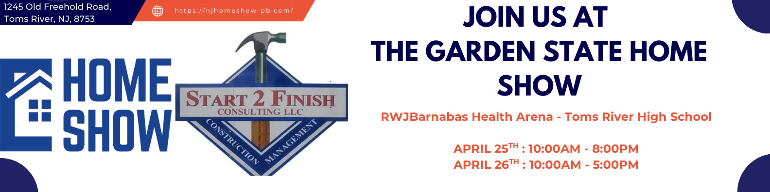 Promotional banner for The Garden State Home Show on April 28th-29th, featuring the Start 2 Finish Home Show logo.