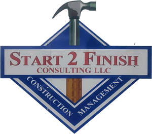 Logo for Start 2 Finish Consulting LLC featuring a hammer over a blue and white diamond with text.