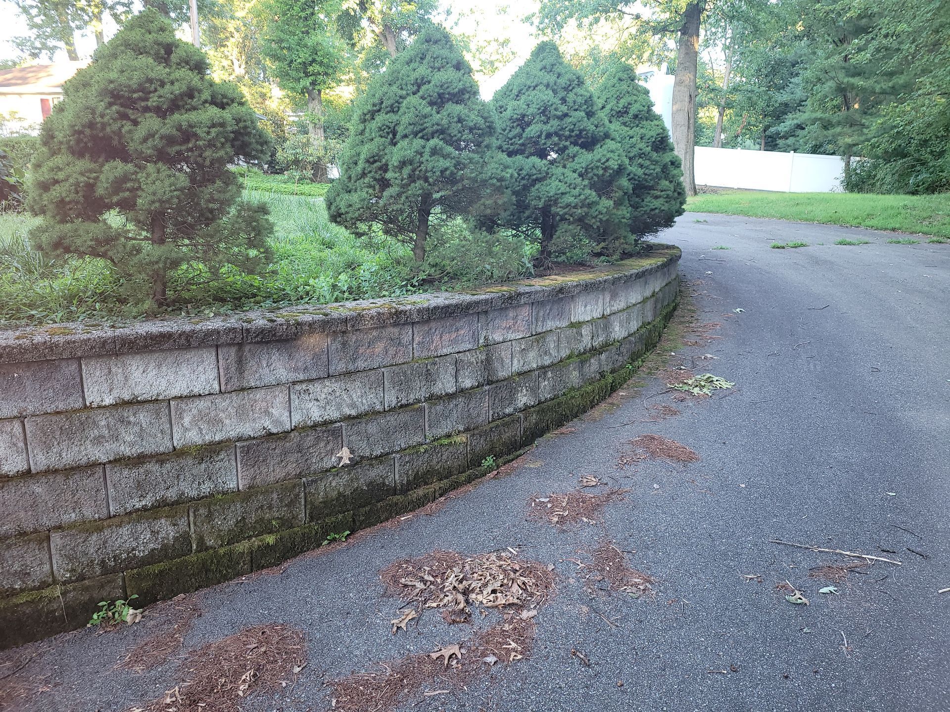 A brick wall along the side of a road with trees in the background