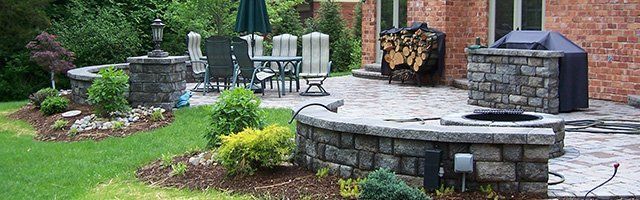 Paver patio with fire-pit, columns & seat walls