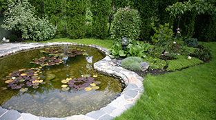 Natural stone pond with landscaping
