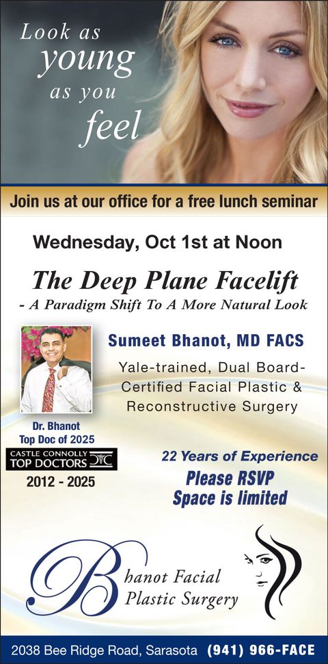 Advertisement for a deep plane facelift seminar. Features a woman, a doctor, and a clinic logo.