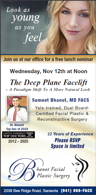 Advert for a plastic surgeon's free lunch seminar, featuring a woman, doctor, and text promoting a Deep Plane Facelift.