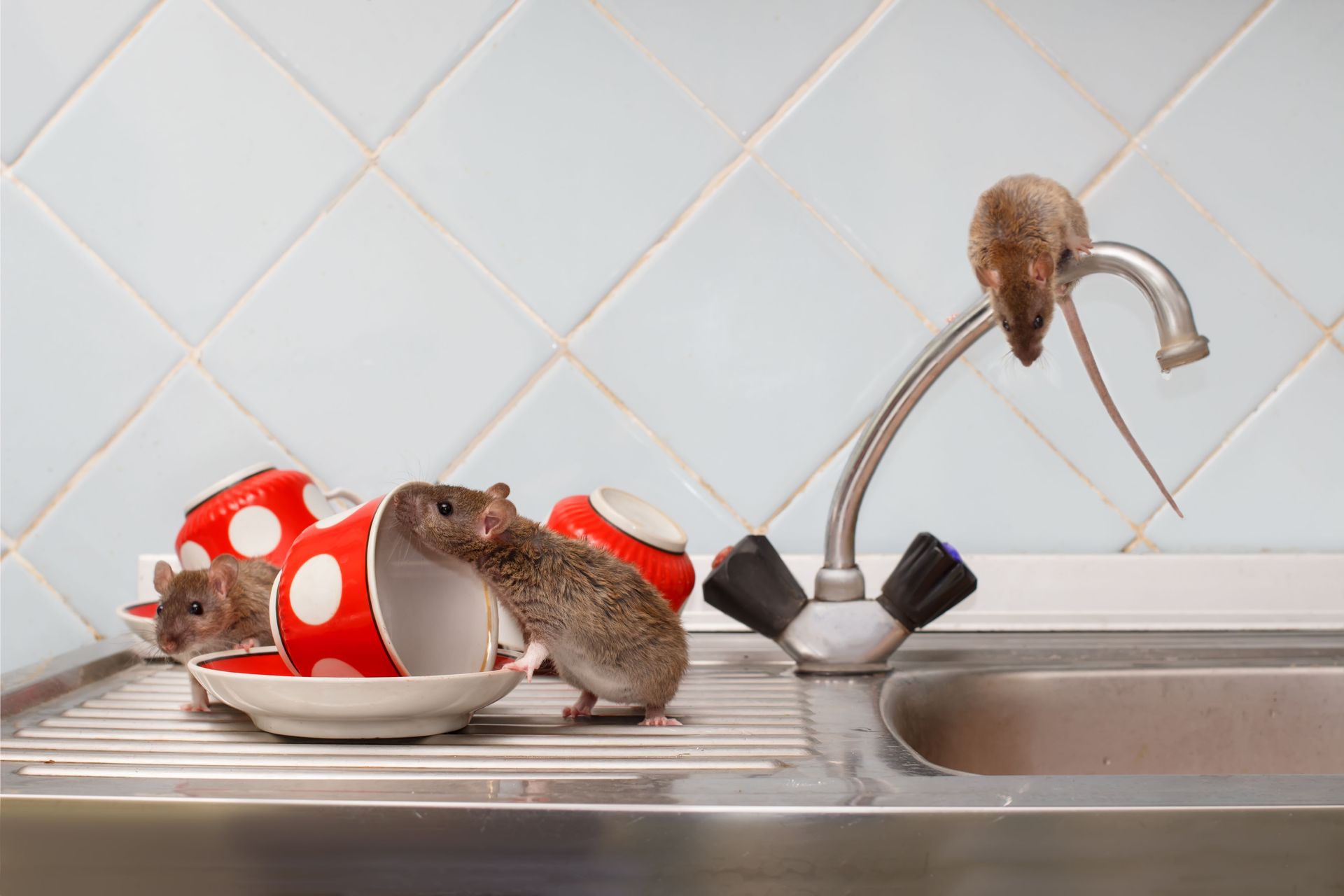 Rats in a kitchen sink near overturned red and white teacups, one rat on the faucet.