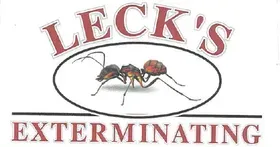 Logo for Leck's Exterminating, featuring an ant inside an oval, with the company name above and below.