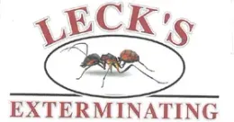 Logo for Leck's Exterminating, featuring an ant inside an oval, with the company name above and below.