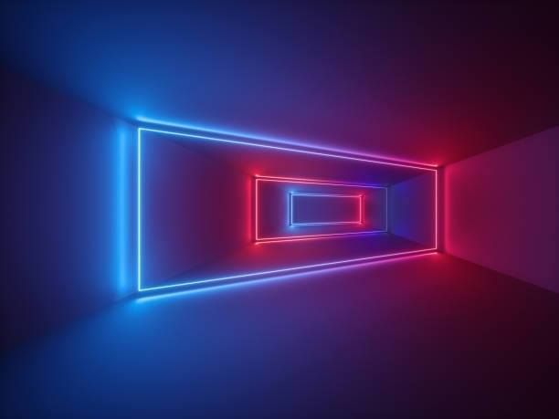 Blue and red neon-lit rectangular tunnels receding into the distance, against a dark background.