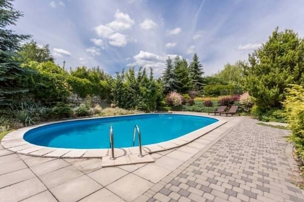 Oval-shaped swimming pool surrounded by a stone patio and lush greenery under a partly cloudy sky.