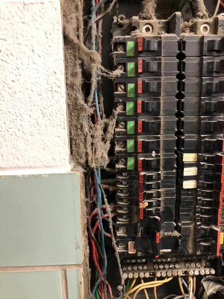 Dusty electrical panel with circuit breakers and wiring.