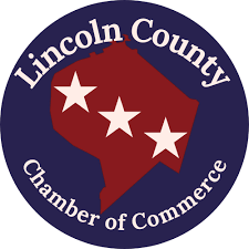 Lincoln County Chamber of Commerce logo: red map of Lincoln County with three white stars on a blue background.
