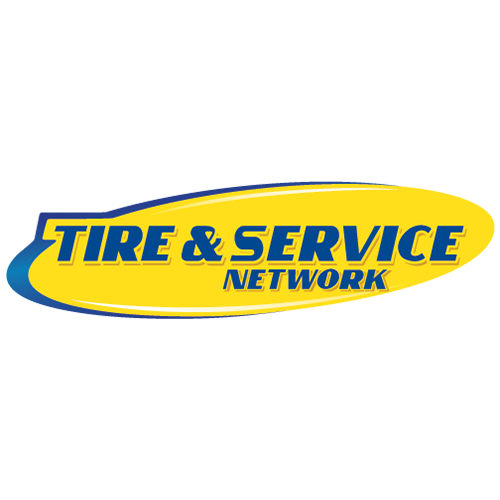 Tire & Service Network logo in blue and yellow with oval swoosh