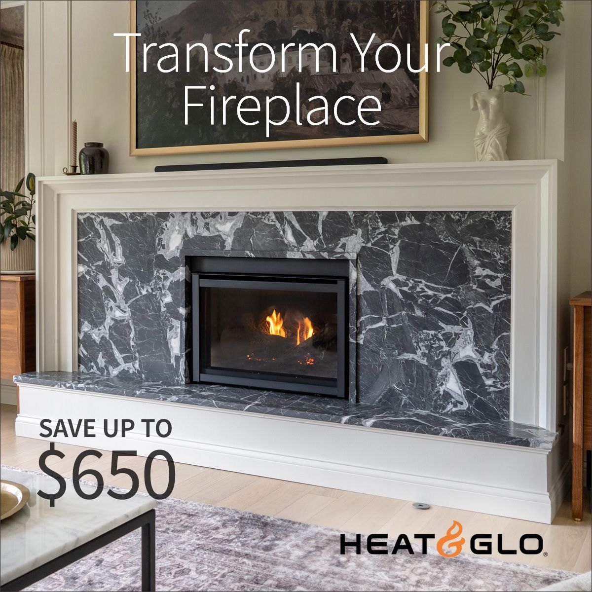 Fireplace with marble facing and a fire, advertisement for Heat & Glo with 