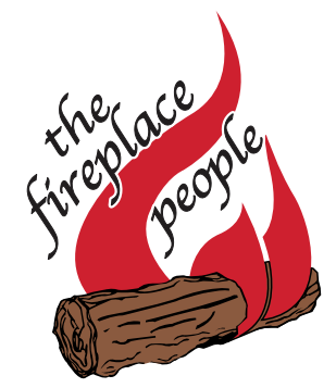 a logo for the fireplace people with a log in the foreground