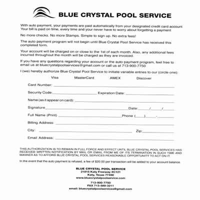 A blue crystal pool service form is on a white background