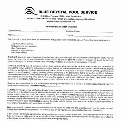 A blue crystal pool service form is sitting on a table.