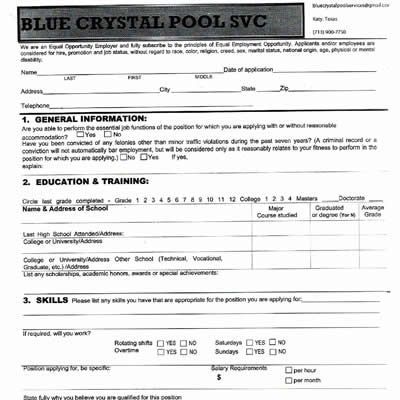 A job application for blue crystal pool svc