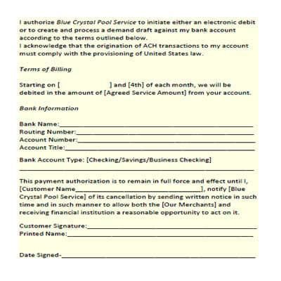 A form that says i authorize blue crystal pool service