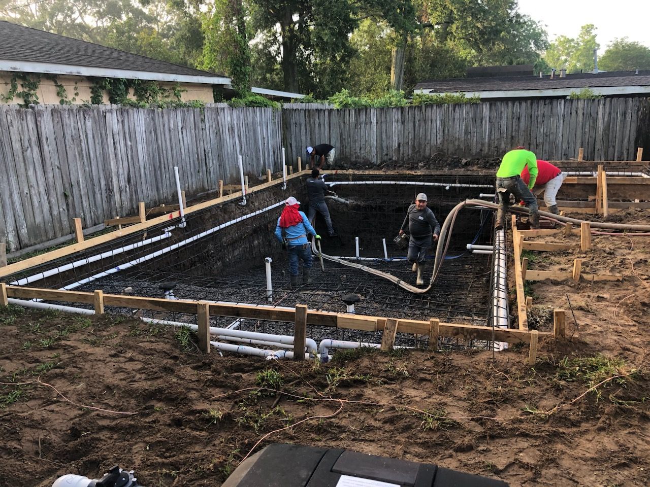 Steel rebar and plumbing framework for pool installation in Hammond, LA