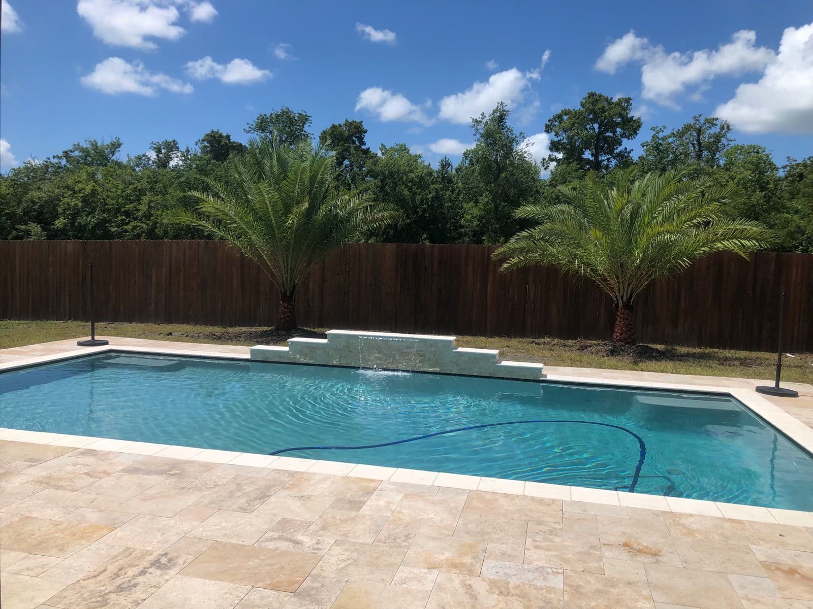 In-ground pool with palm trees and wood fencing in Belle Chasse, LA