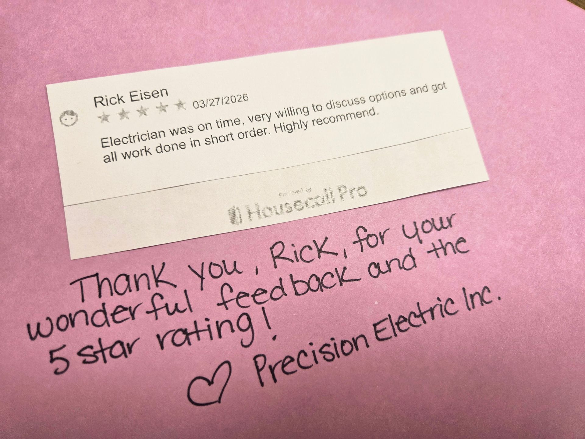 A review from Rick Elsen printed on a card with a handwritten thank you note from Precision Electric Inc.