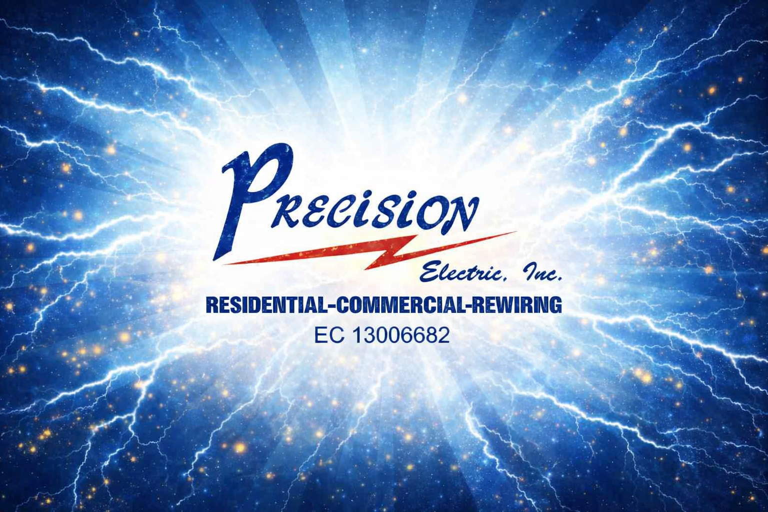 Precision Electric, Inc. logo on a blue lightning background, with residential-commercial-rewiring text and EC 13006682.