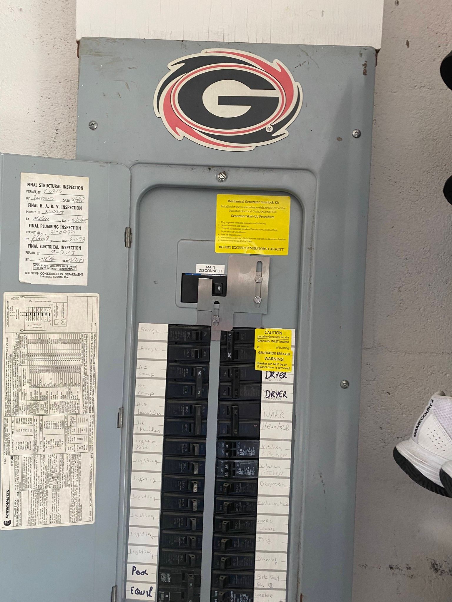 Gray electrical breaker panel with a black G logo and labeled switches, mounted on a wall.