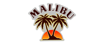 Malibu logo with palm trees and a sunset.